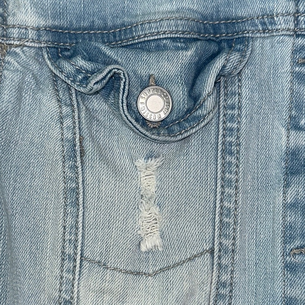 Mossimo Supply Co. Light Blue Denim Jacket with Striped Gray Sleeves - Picture 6 of 10